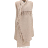High-neck wool Cape with concealed closure and fringes