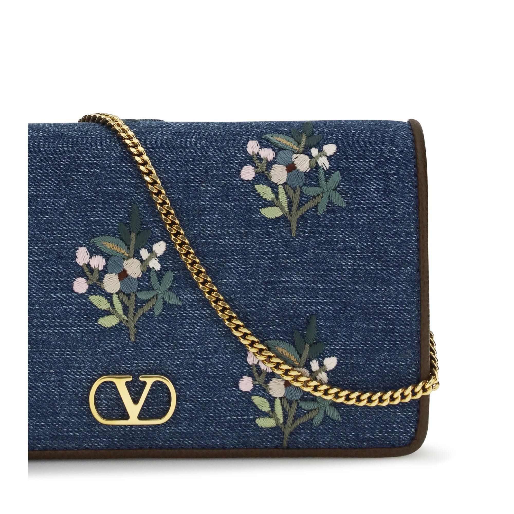 Mini VLogo Signature Shoulder Bag in denim with floral embroidery