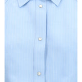 Short-sleeve Shirt in striped viscose and linen canvas
