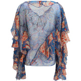 Long-sleeve silk Shirt with ruffles and floral motif